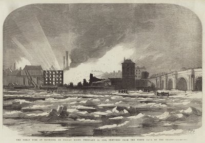 Le grand incendie à Bankside, le vendredi soir, 16 février 1855, esquissé depuis la rive nord de la Tamise - Edwin Weedon